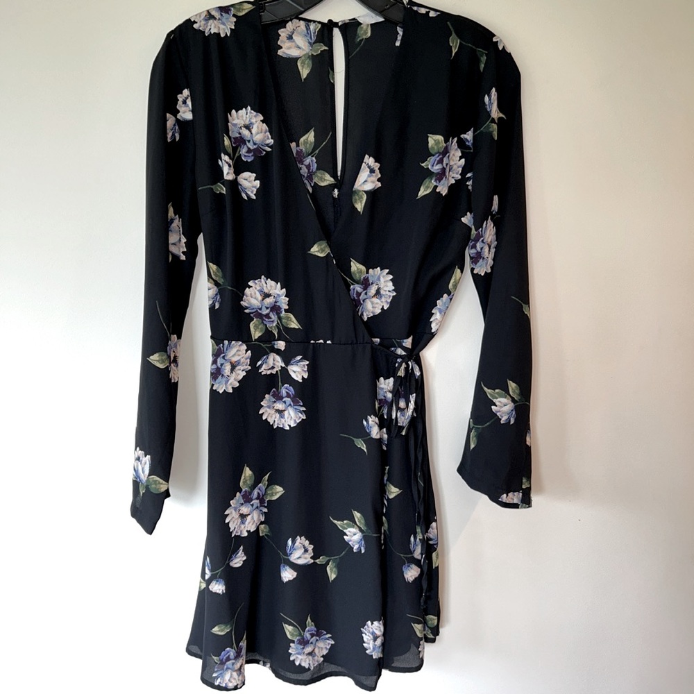 Lush Francesca floral wrap black mini dress, size XS, EUC